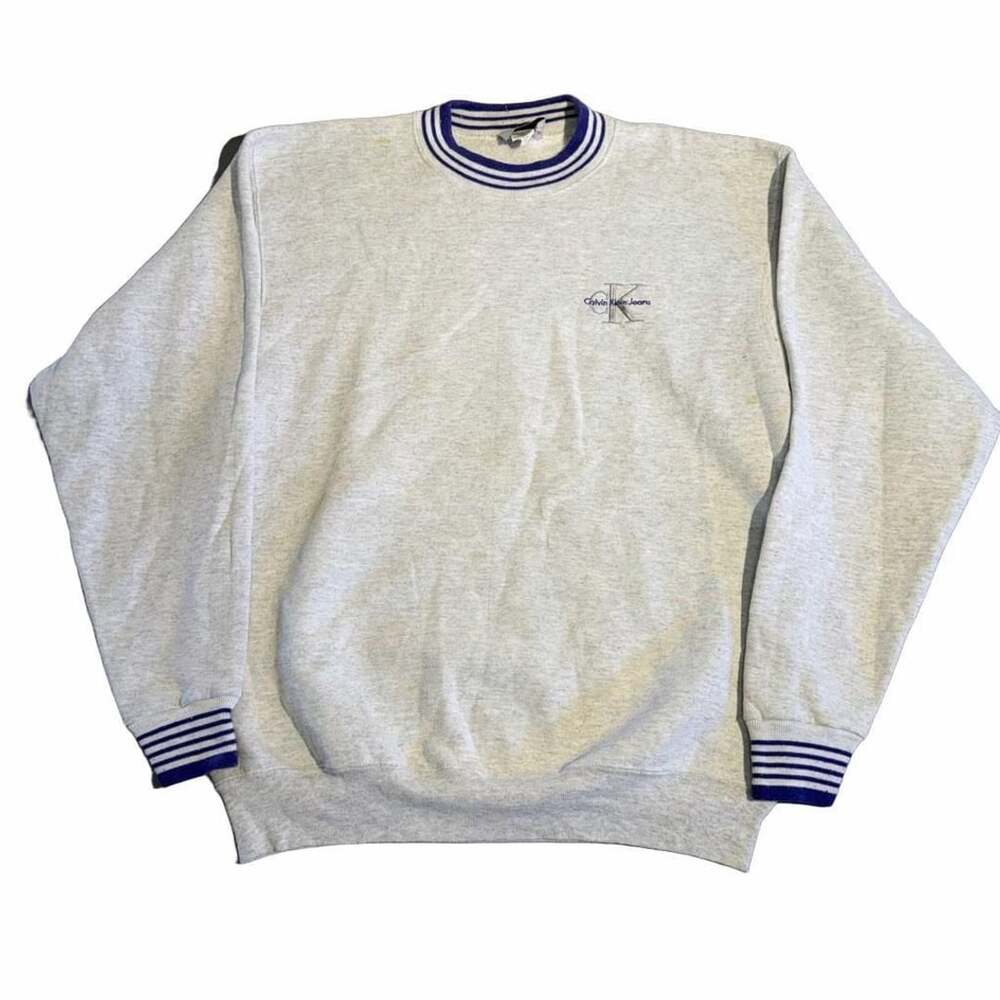 Calvin Klein Jeans Sweatshirt Size L Grey Ribbed Trim 90s Vintage